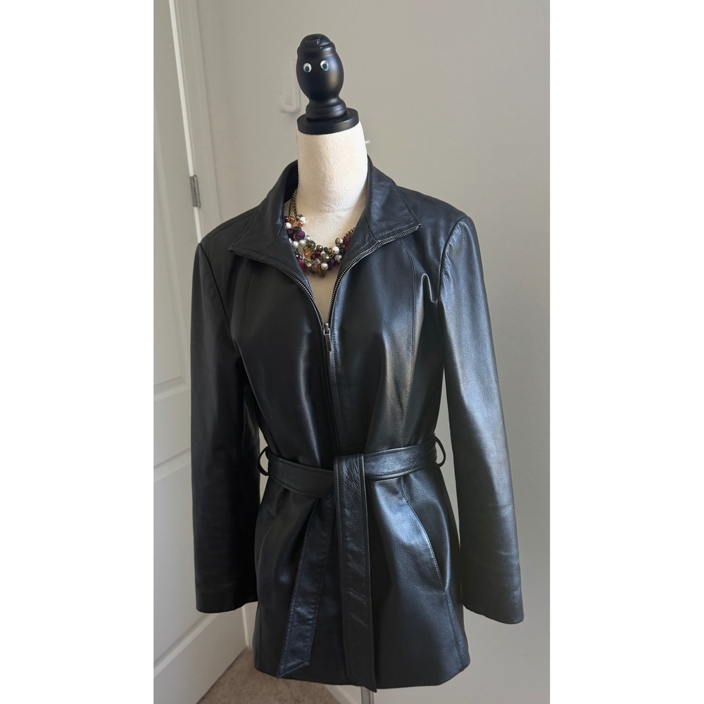 Worthington Black Leather Zip Up Collared Dressy Belted Jacket with Pockets M